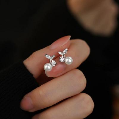 S999 Sterling Silver Zirconia Pearl Cherry Stud Earrings for Women - Elegant and Versatile