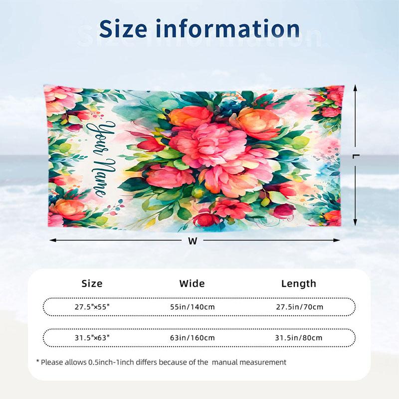 Floral Garden Theme Beach Towel Personalized Custom Name & Text Soft Quick Dry Beach Towel for Swimming Travel