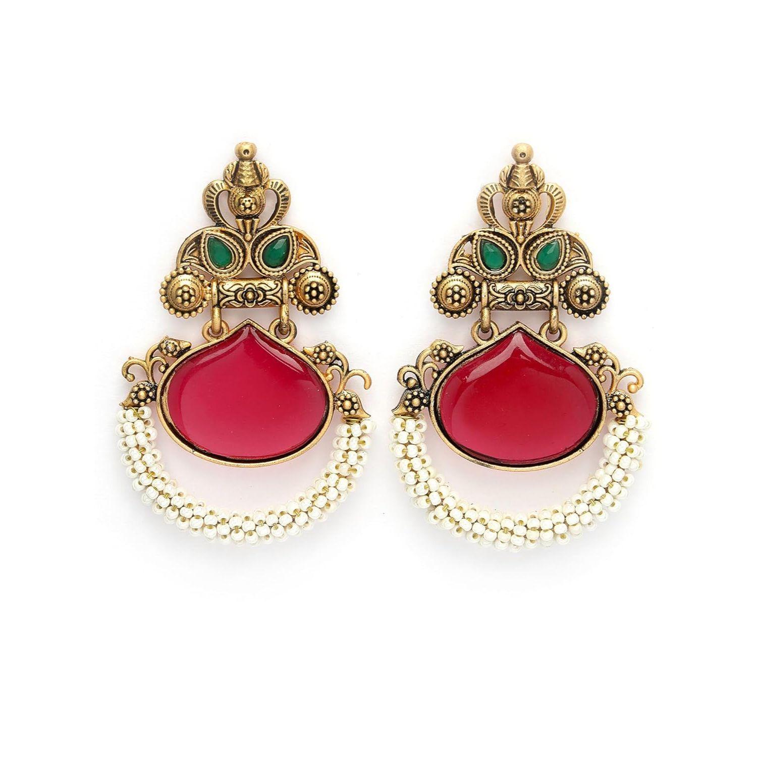 Red Stone Studded  Drop Earrings for Women
