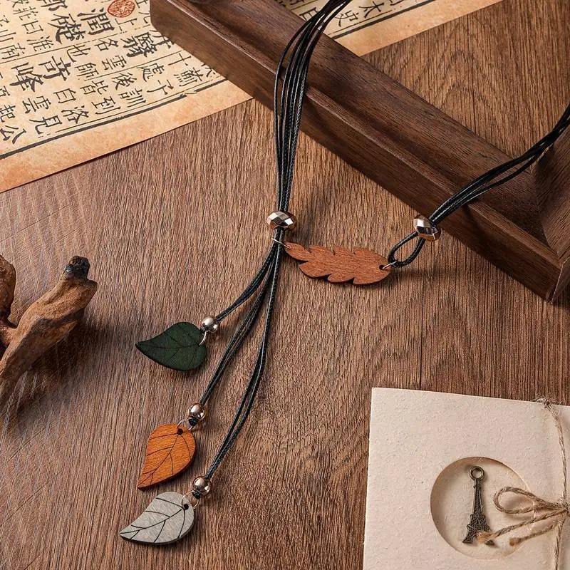 Collana con ciondolo a forma di foglia in legno etnico bohémien, vintage, fatta a mano, retrò, per donne, gioielli alla moda da indossare ogni giorno