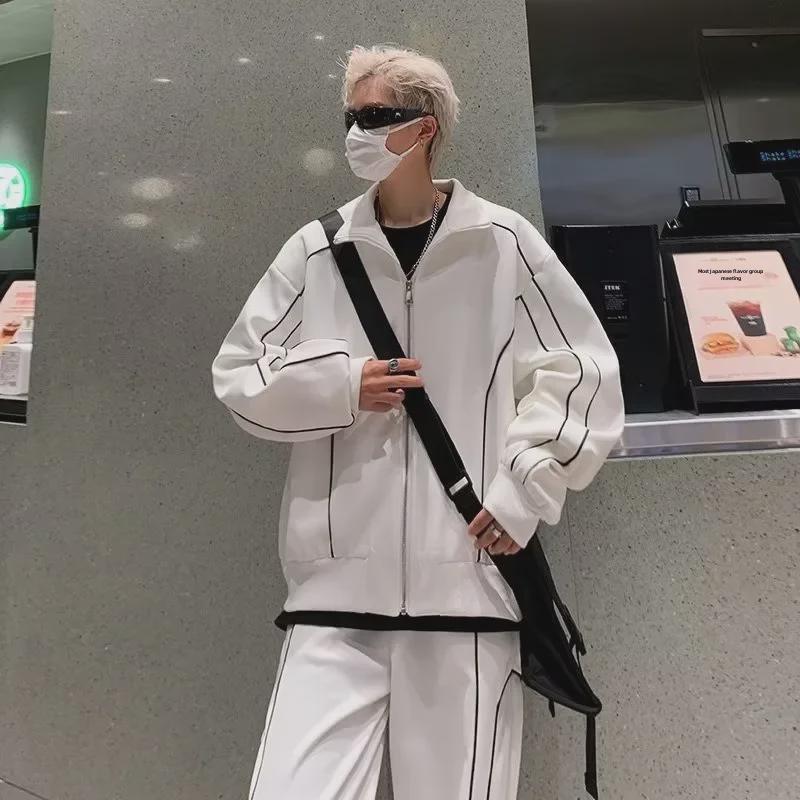 Men's Trendy Loose-Fit Sports Suit: Korean-Style Solid Color Jacket & Casual Pants Two-Piece Set for Spring/Autumn.