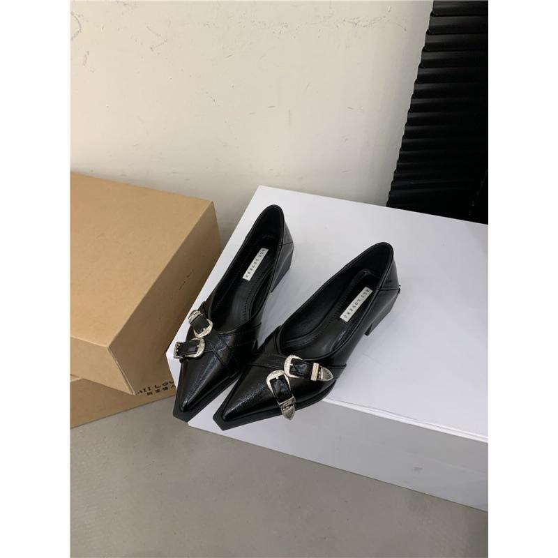 2025 spring and autumn new design sense niche single shoes women's shoes Korean version retro metal buckle pointed head shallow mouth thick heel