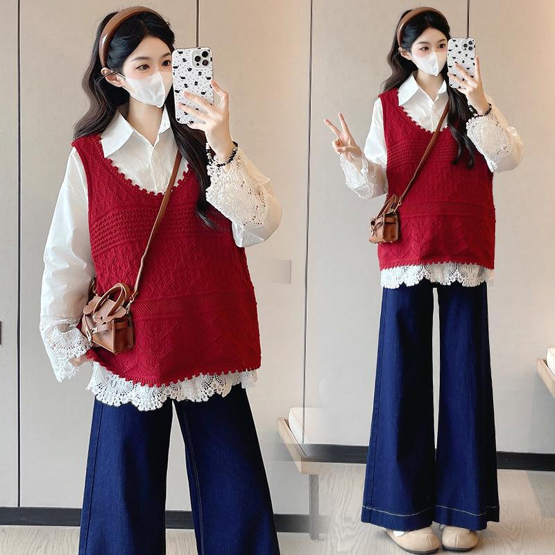 Available: 2026 Spring Red Crochet Maternity Vest & Shirt Combo M