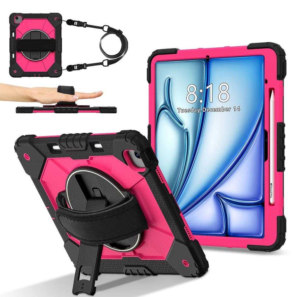 For iPad Air 13 (2025)/(2024) Case Silicone + PC Kickstand Tablet Cover with Handy Strap, Shoulder Strap