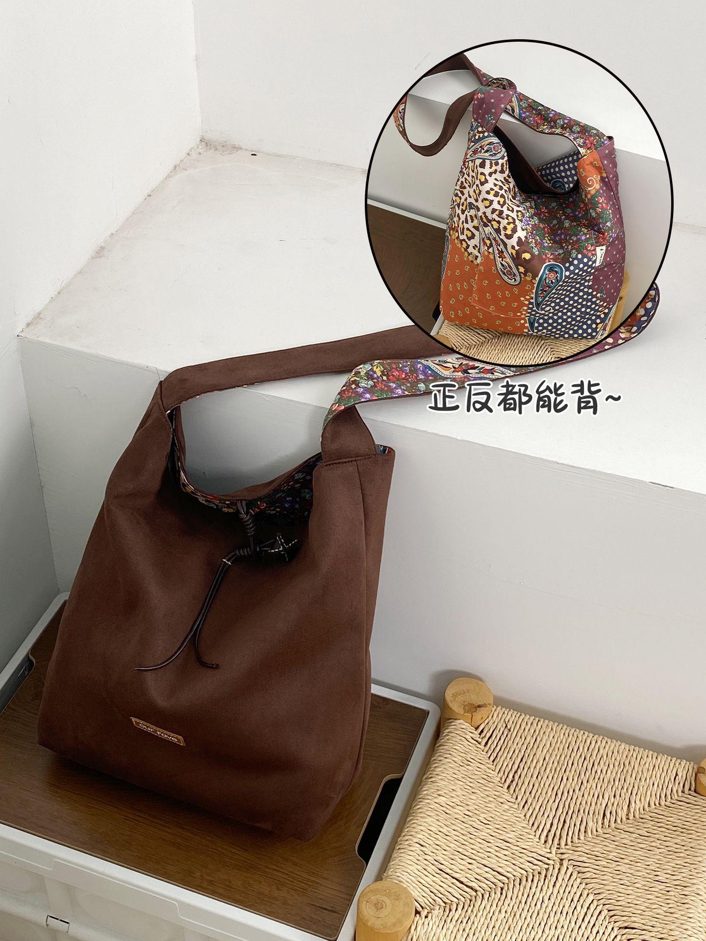Vintage Suede Double-Sided Crossbody Bags for Women Floral Plaid Patchwork Ladies Shoulder Bag Large Capacity Girls Tote Handbag кофейный
