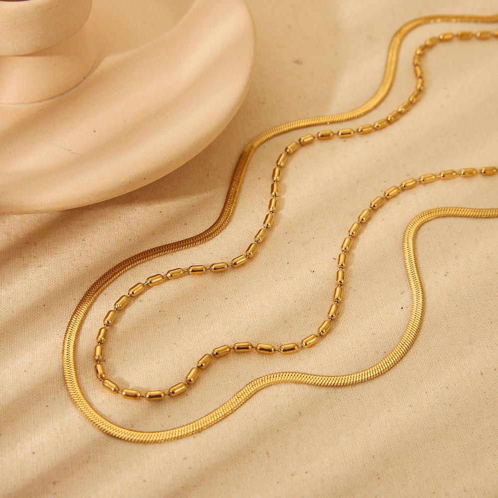 European and American Simple Stacked Double-layer Rice Bead Flat Snake Chain Necklace Electroplated 18K Gold Stainless Steel Versatile Jewelry Women