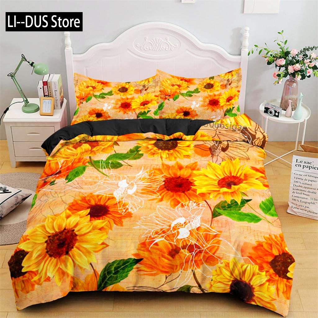 Duvet Cover Sunflower Yellow Flower Bedding Set Farmhouse Green Leaves Floral Quilt Cover For Women Girl Bedroom Decorations