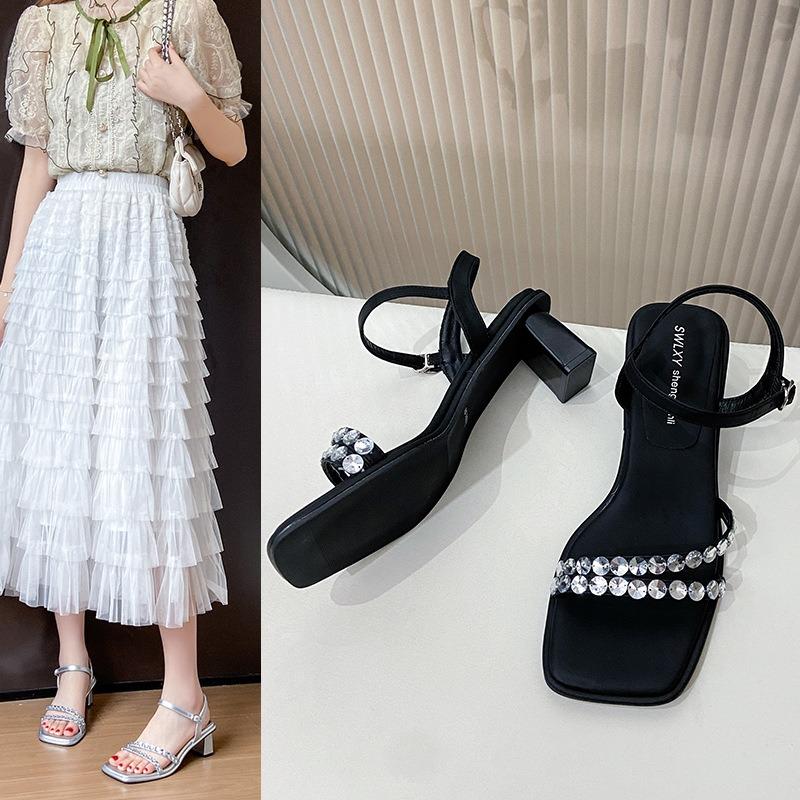 High-heeled rhinestone sandals women's summer new thick heel temperament with skirt sandals