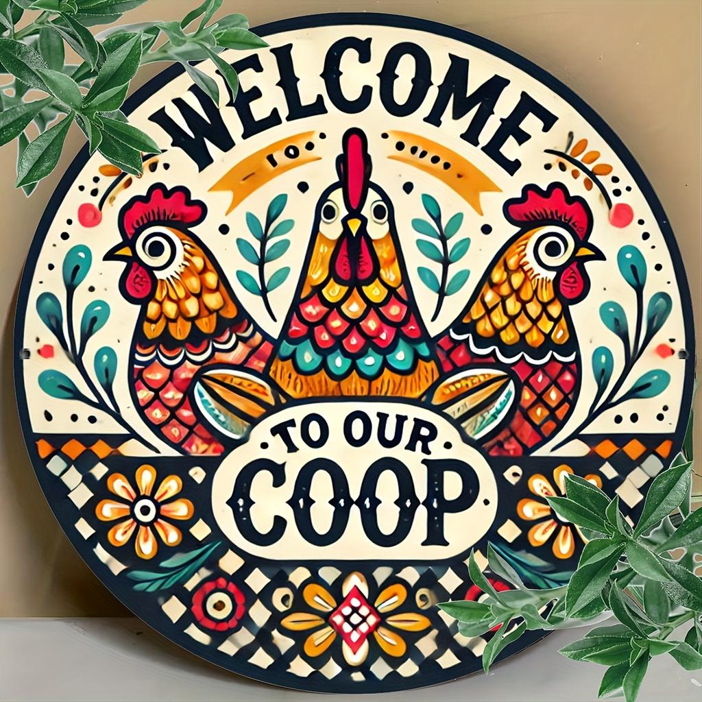 2d Flat 20*20cm, "Welcome To Our coop" Round Wooden Wall Decoration with Colorful Rooster and Floral Patterns, Suitable for farmhouse, Outdoor Use.
