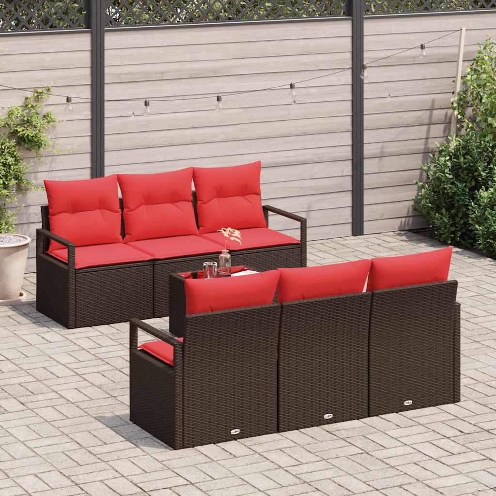 7 Piece Sofa Set with Cushions Brown and Red Poly Rattan