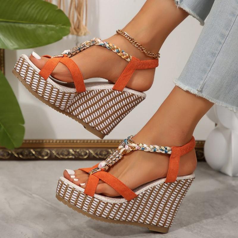 SyfIyno Summer Sandals Women's Fashion Open Toed Knitted Elastic Belt Slope Heel Thick Bottom High Heel Sandals Eleven Styles