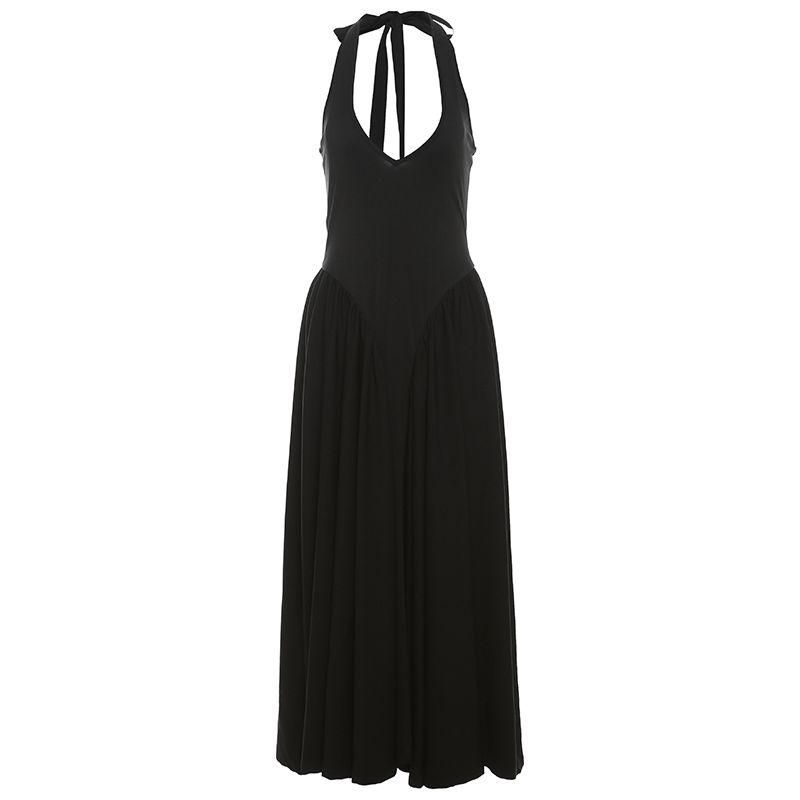 

# Sisjuly# Fashion Wind Fashion Sexy Halter Dress Female Deep V-neck Lace up Open Back Slimming Dress Black S