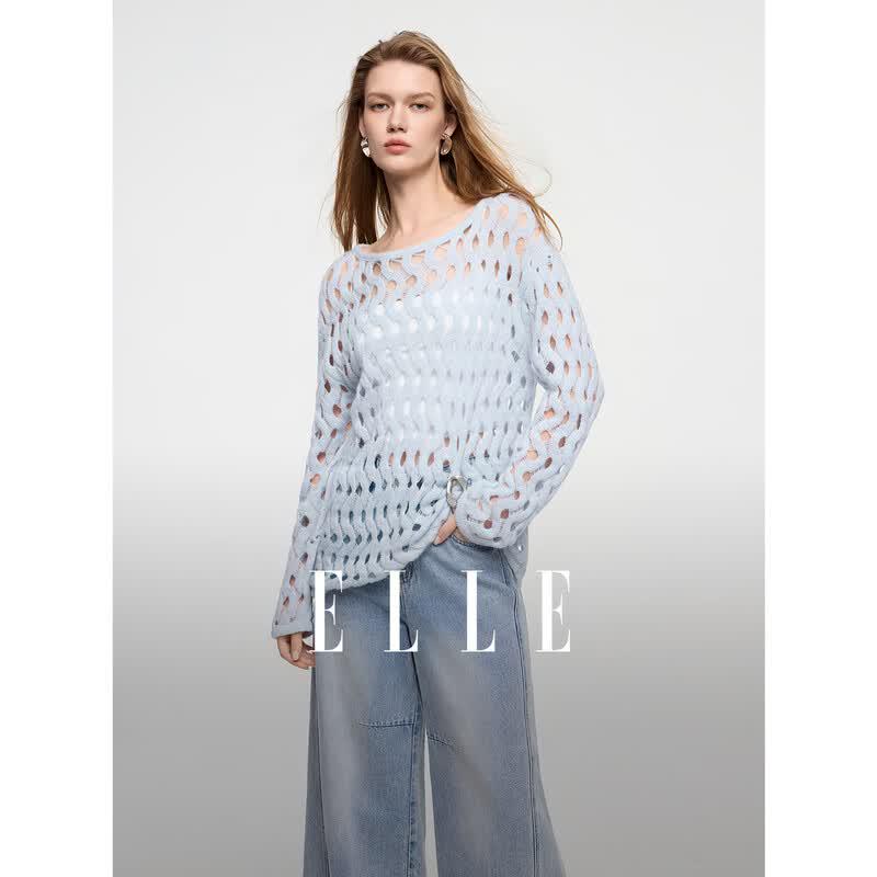 ELLE French Merino Wool Blend Hollow Knit Pullover Sweater S