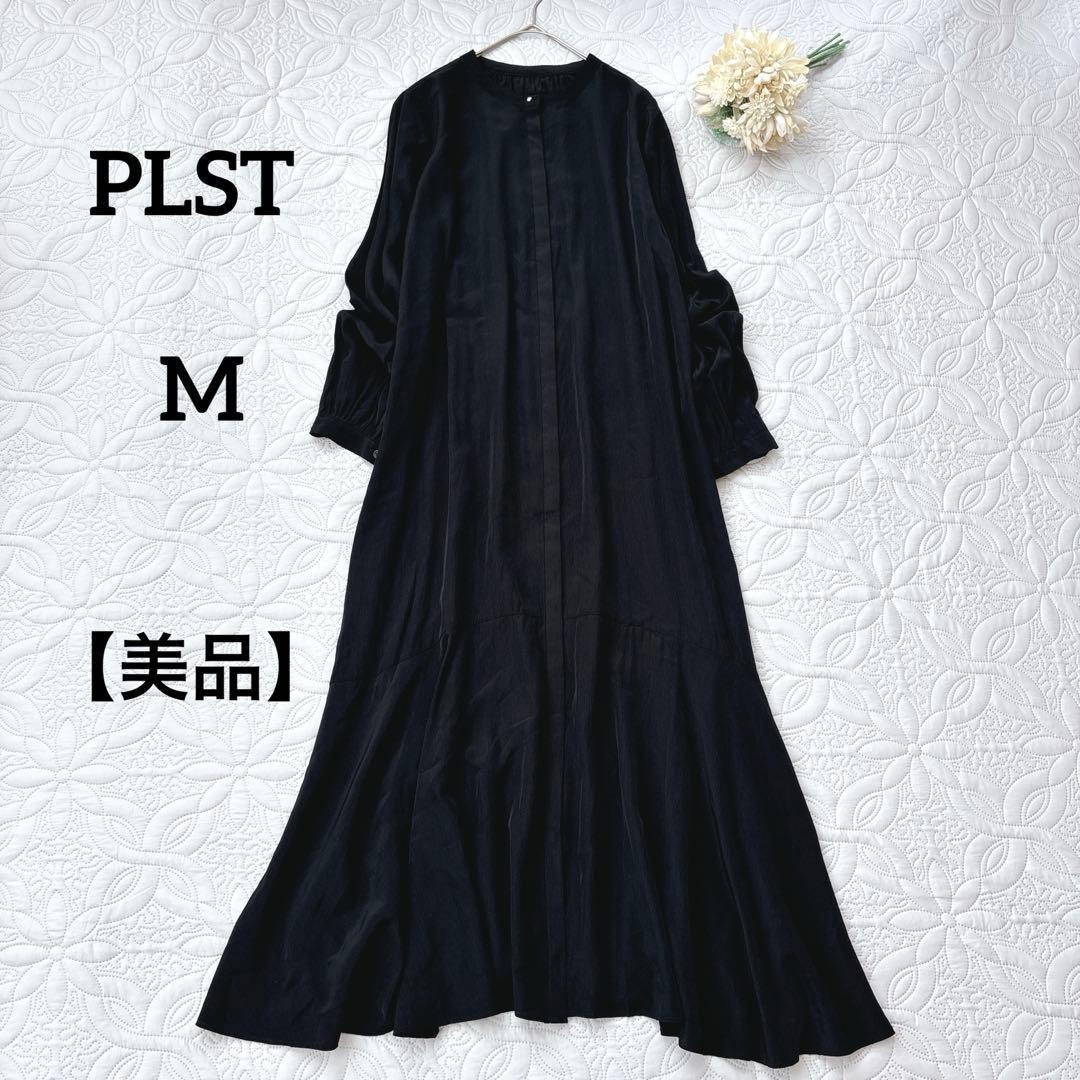 [Good condition] Plaste hem flare shirt dress, long, black, thin, slightly glossy, smooth