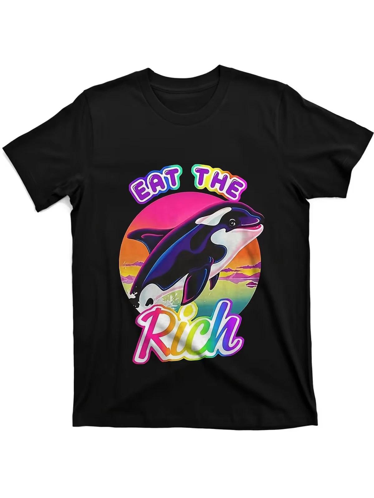 Vibrant Retro Eat The Rich Dolphin Graphic T-Shirt - Black Streetwear Tee with M