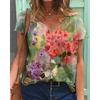Summer Flower T-Shirts Floral 3D Print Women V-Neck Short Sleeve T Shirt Y2k Harajuku Oversized Tees Tops Female Street Clothing