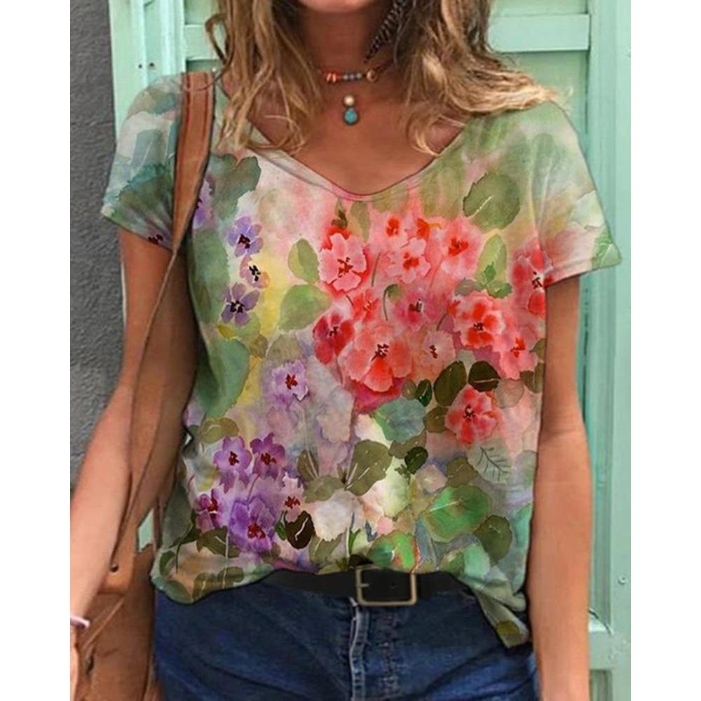 Summer Flower T-Shirts Floral 3D Print Women V-Neck Short Sleeve T Shirt Y2k Harajuku Oversized Tees Tops Female Street Clothing