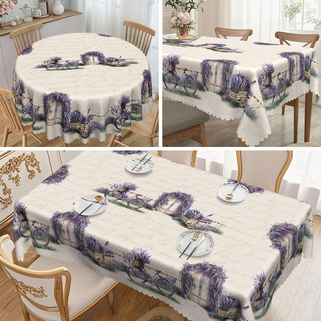 Charming Lavender Retro Round Tablecloth, Purple Floral And Bicycle Garden Design - Rustic Grid