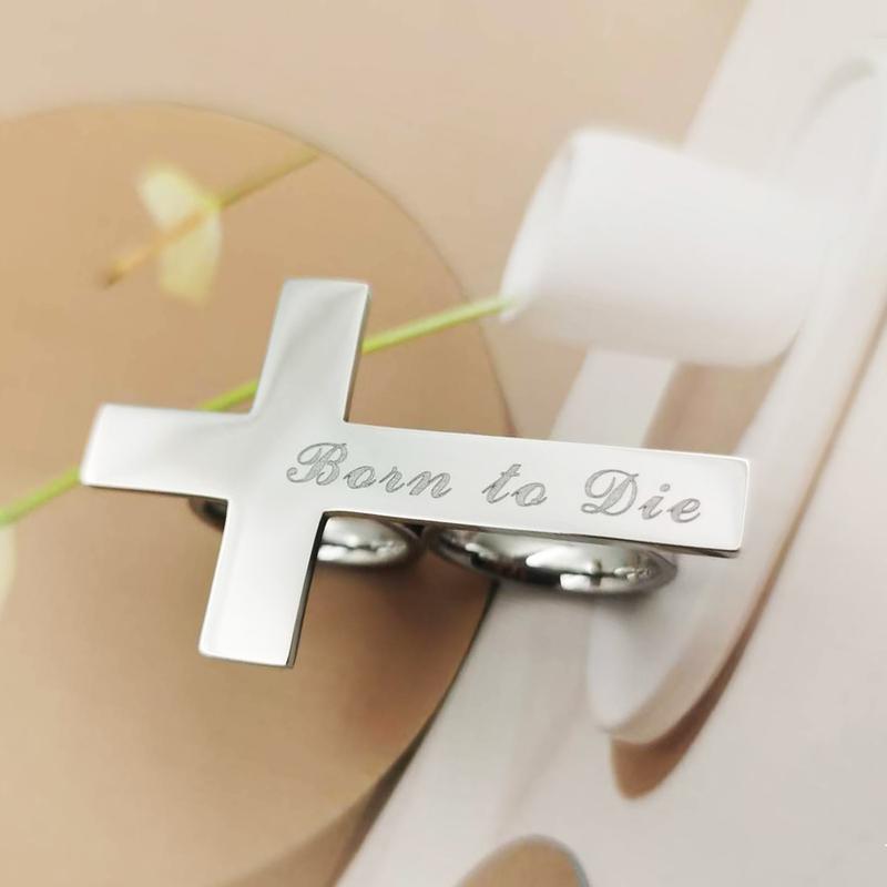 Custom Cross Ring Two Finger Ring Engraving Name Silver Stainless Steel Ring Men Knuckle Jewelry Personalized Gift for Boyfriend