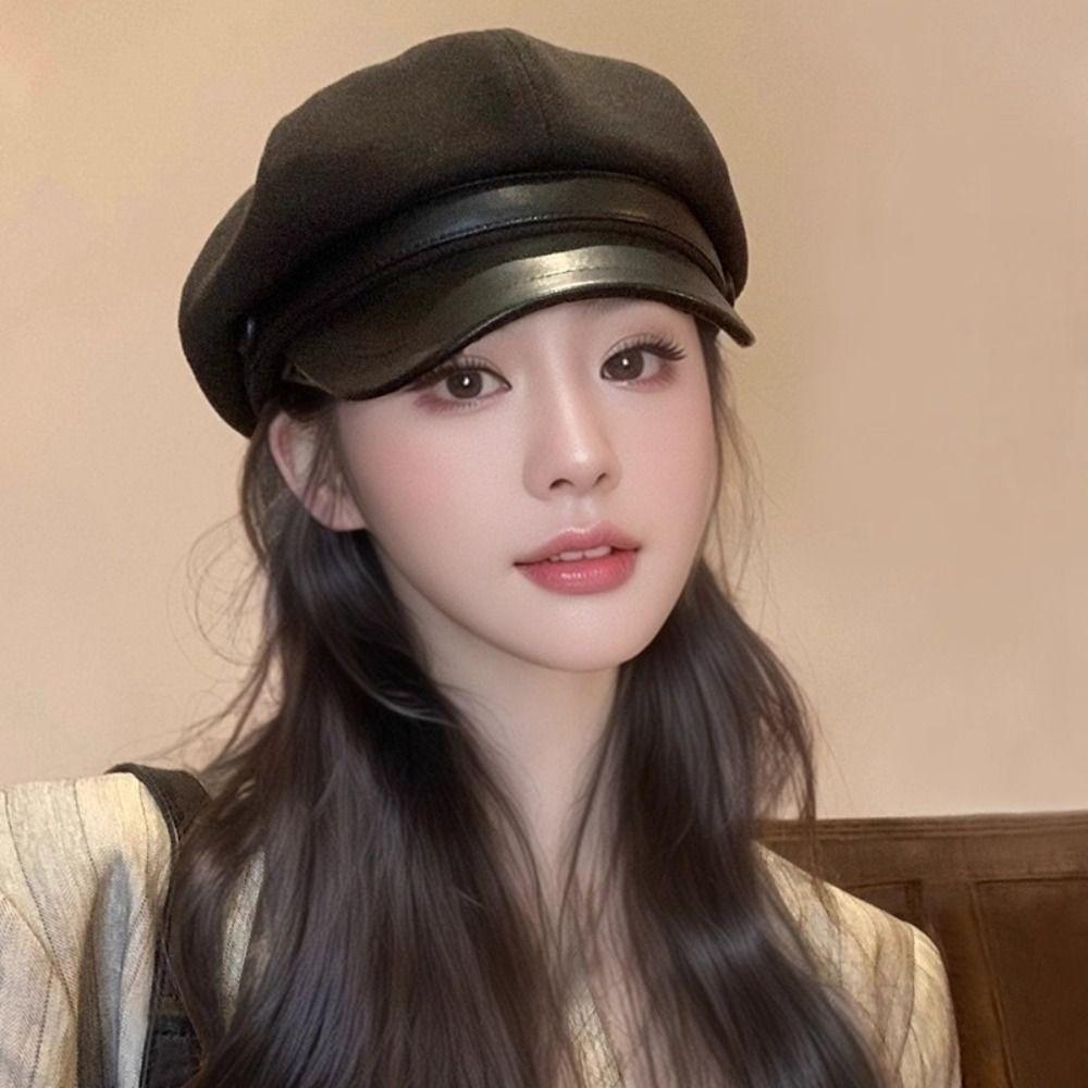 Retro Pu Leather Beret Korean Style Painter Hat Fashion Wool Octagonal Hat  Streetwear