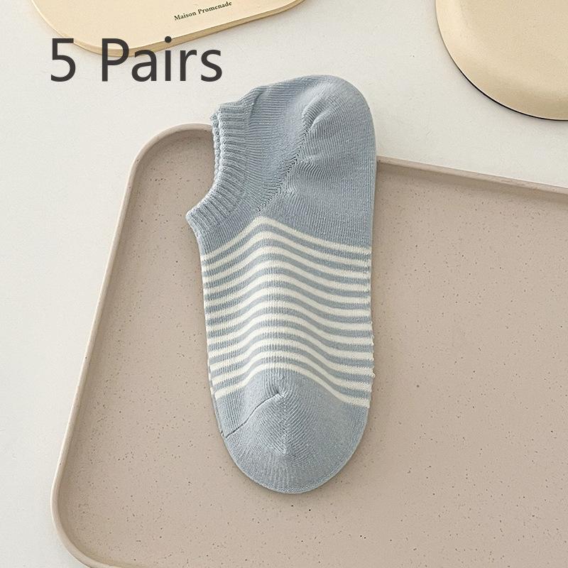 5 Pairs of Women's Spring and Summer Style Pinstripes with Light Mouth Cotton Boat Socks