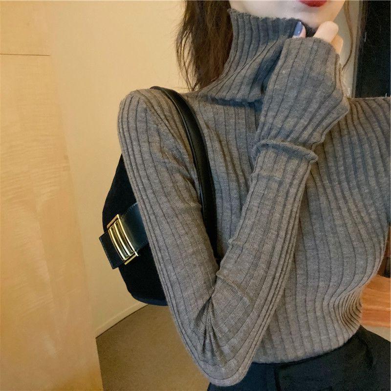 Dámský luxusní podzimní zimní šedý rolák Slim Fit Pletený Volný Krk Přiléhavý Měkký Základní Top