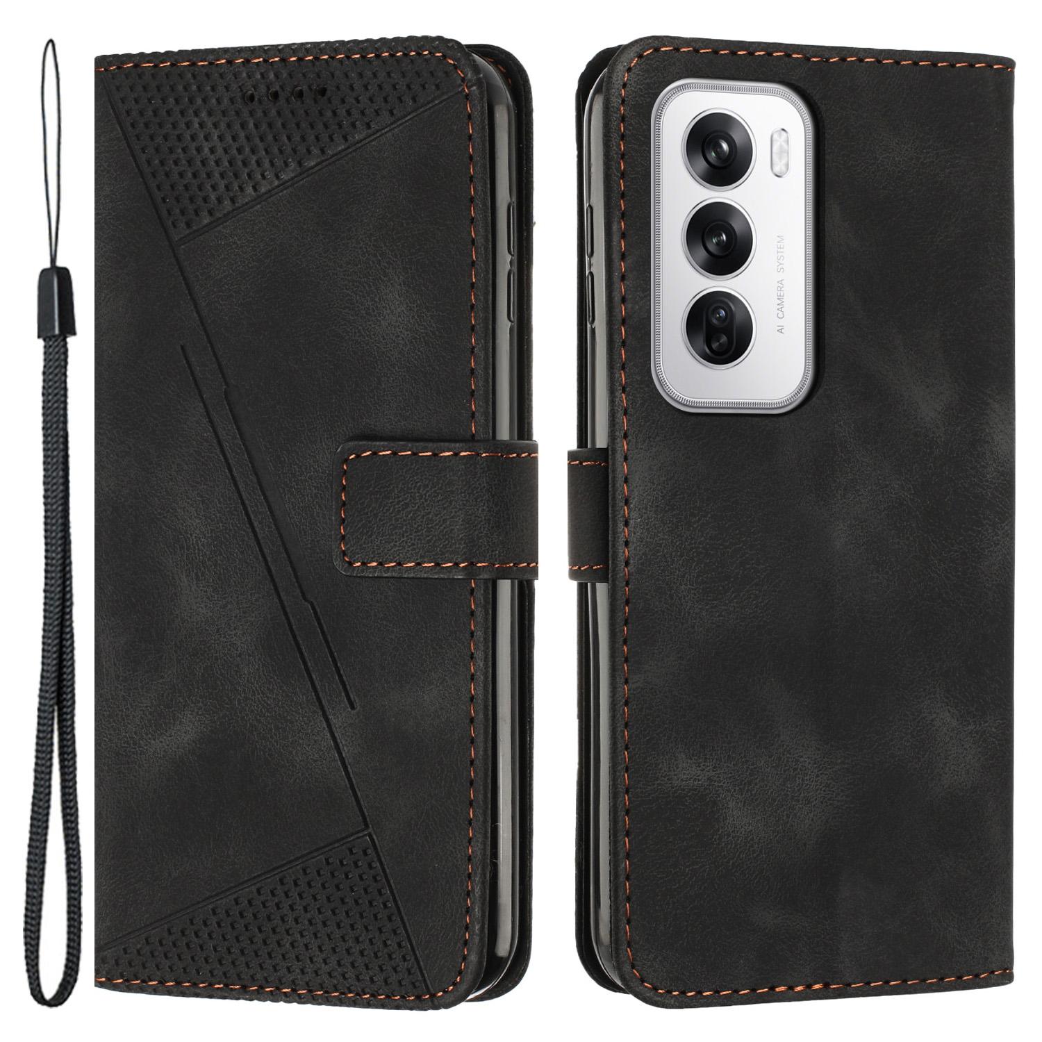

For Oppo Reno12 5G (Global) Case Triangle Pattern Leather Folding Stand Phone Cover Black