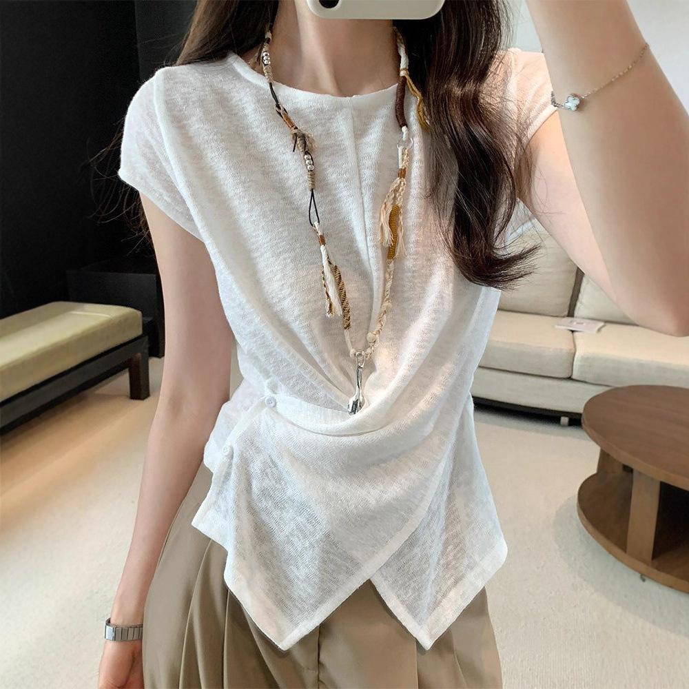 Blue design sense versatile round neck short-sleeved T-shirt women's summer new foreign style irregular slim-fitting and thin knock beautiful shirt