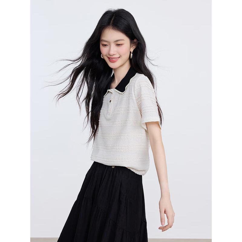 Women's Color Block Polo Collar Short Sleeve T-Shirt
