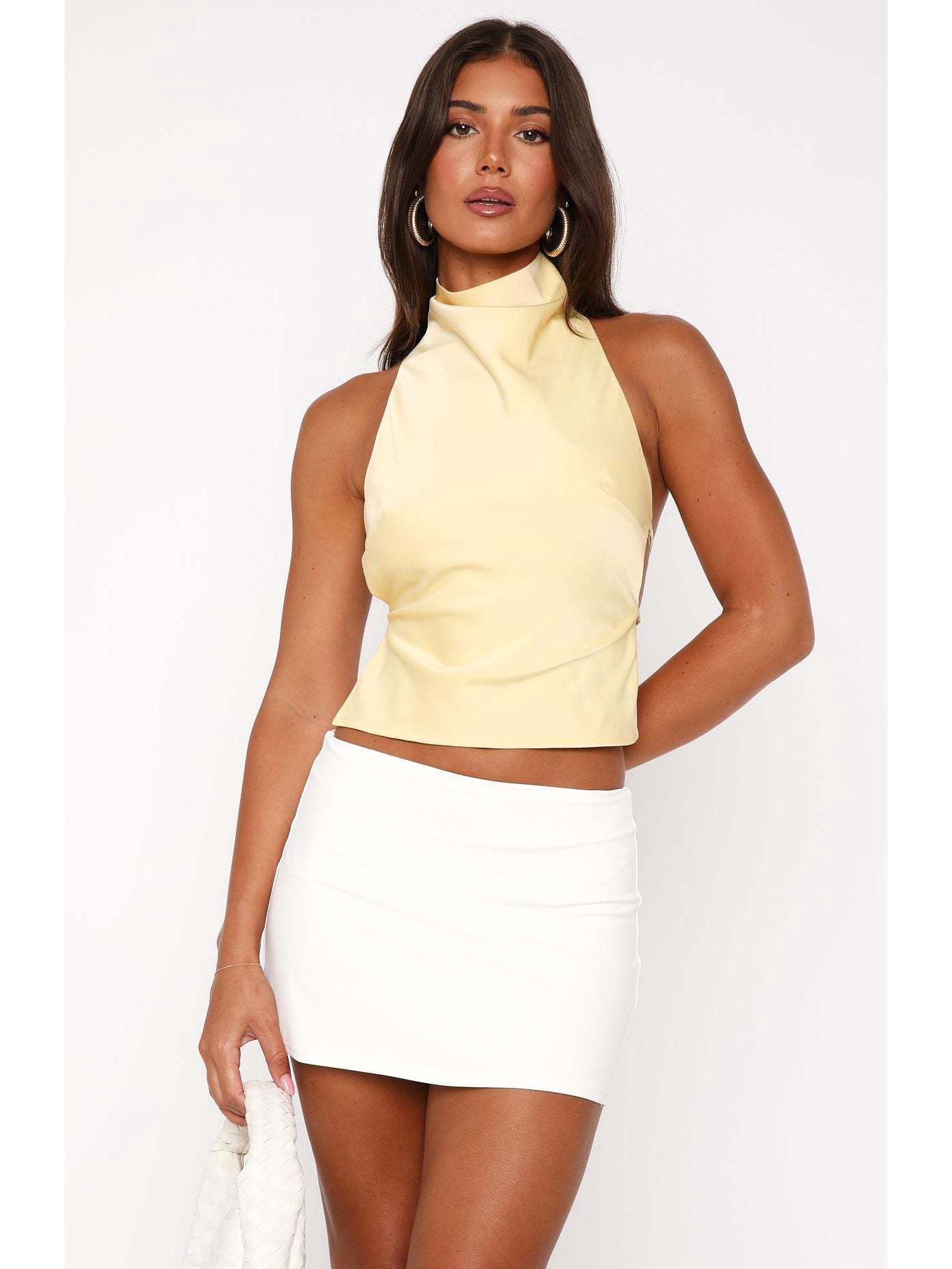 Spring 2025 European & American Style Satin Backless Top - Women s Streetwear M