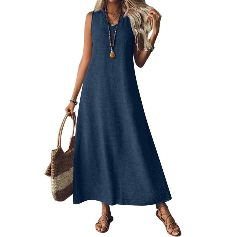 Abito Lungo da Donna Senza Maniche in Lino Scollo a V Ampio Casual Lungo