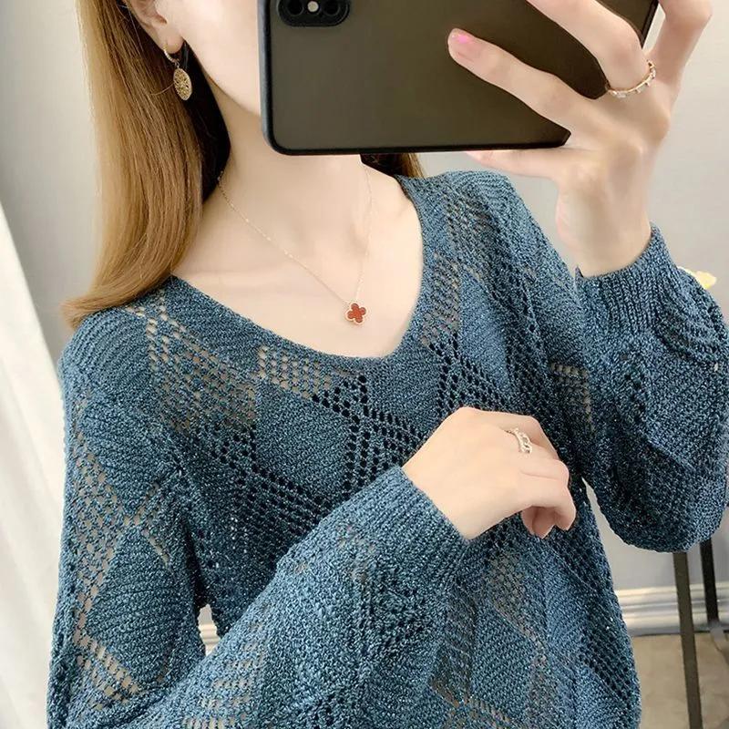 Women's Spring and Summer Loose-Fit V-Neck Long Sleeve Hollow Out Top Thin Pullover Knit Base Layer Sweater