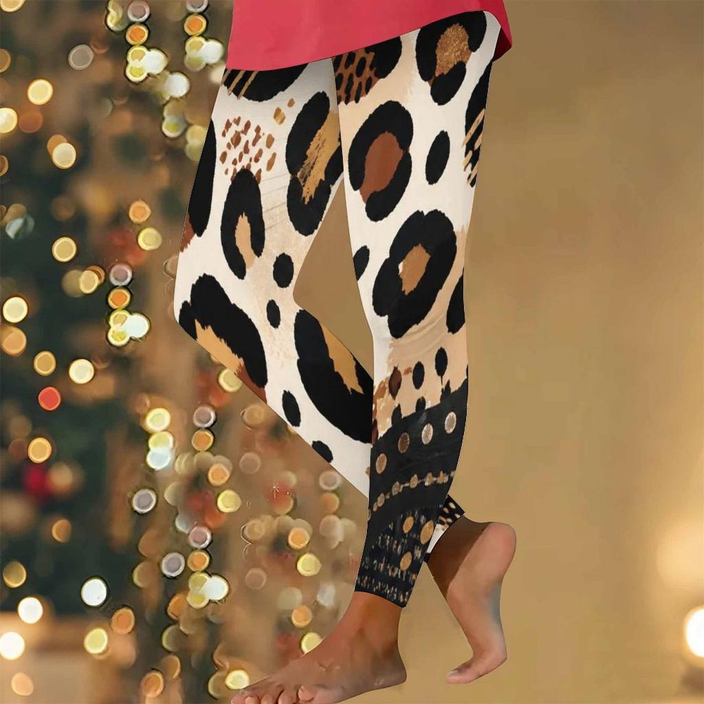 Women Plus Size High Waist Full Length Leopard Rose Floral Printed Yoga Leggings