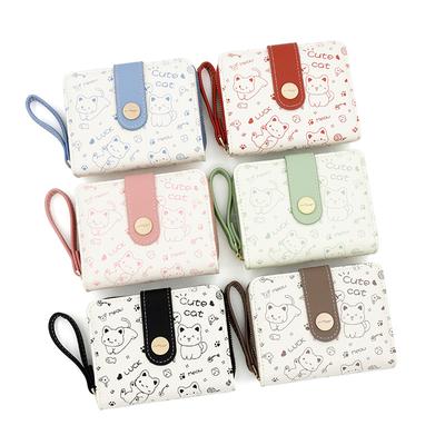 Casual Bi-Fold Kawaii Cat Wallet - Chic Credit Card & Coin Clutch With Secure Buckle Polyester Lining And Convenient Lanyard