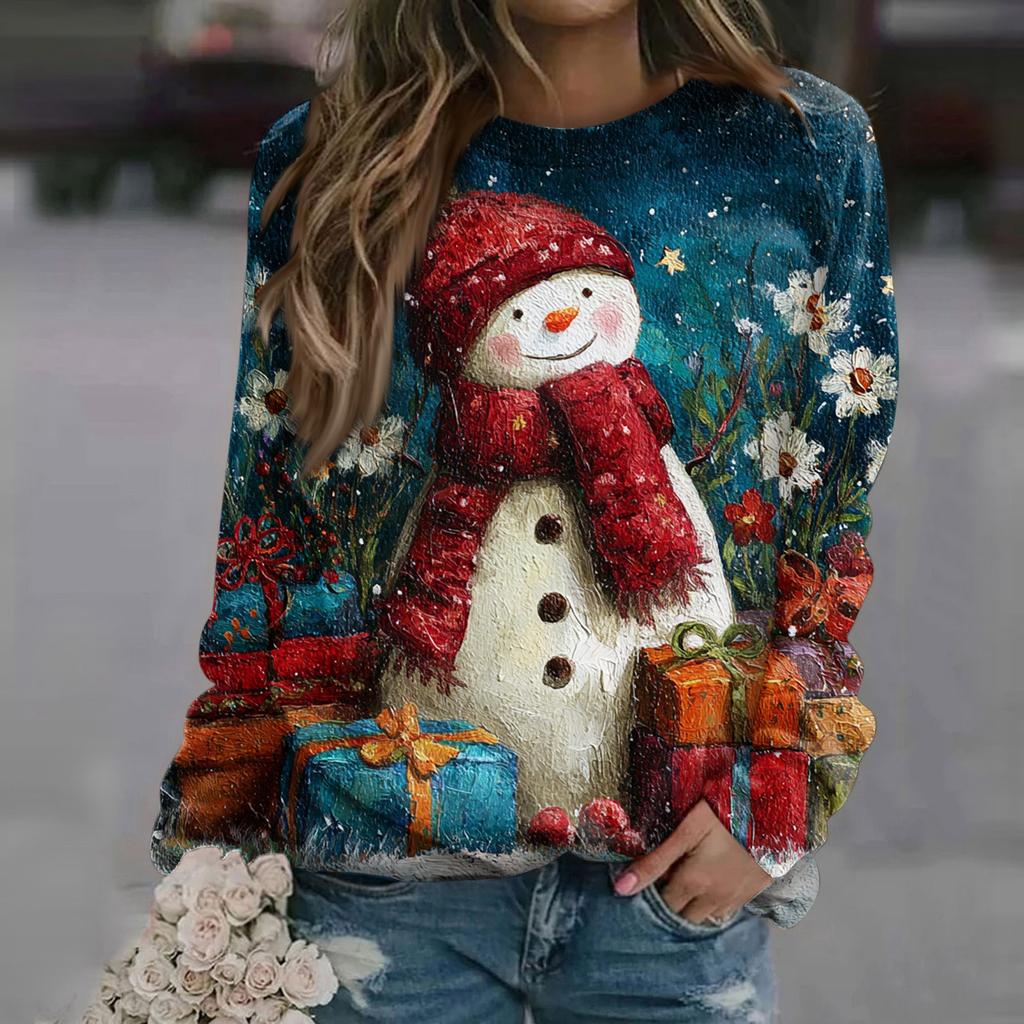 Women's Fashion Casual Long Sleeve Christmas Printed Neck Sweatshirt Top