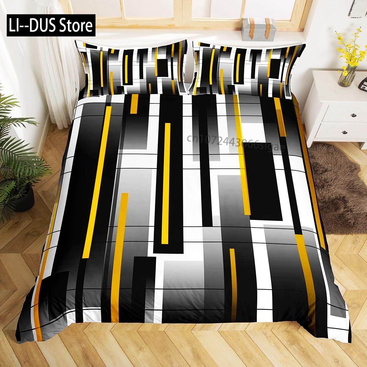 Square Lines Bedding Set, Black Line Duvet Cover for Kids Teen Boys Girls,Modern Abstract Comforter Cover Decorative Room 3pcs 135x200cm