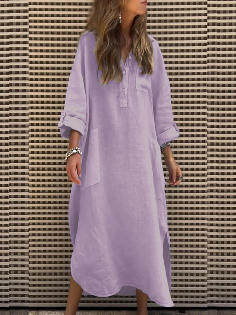 New Women's Spring Summer Elegant Solid Color Irregular Dress Simple Button Pocket Long Dress Women's Clothing