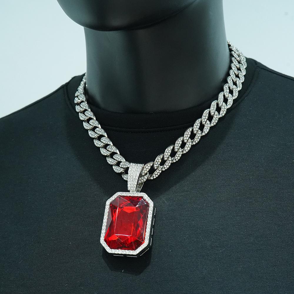 Collana Pendente Hip Hop da Uomo con Pietra Preziosa Colorata Quadrata e Catena Cubana Interamente Diamantata - Gioielli Unisex