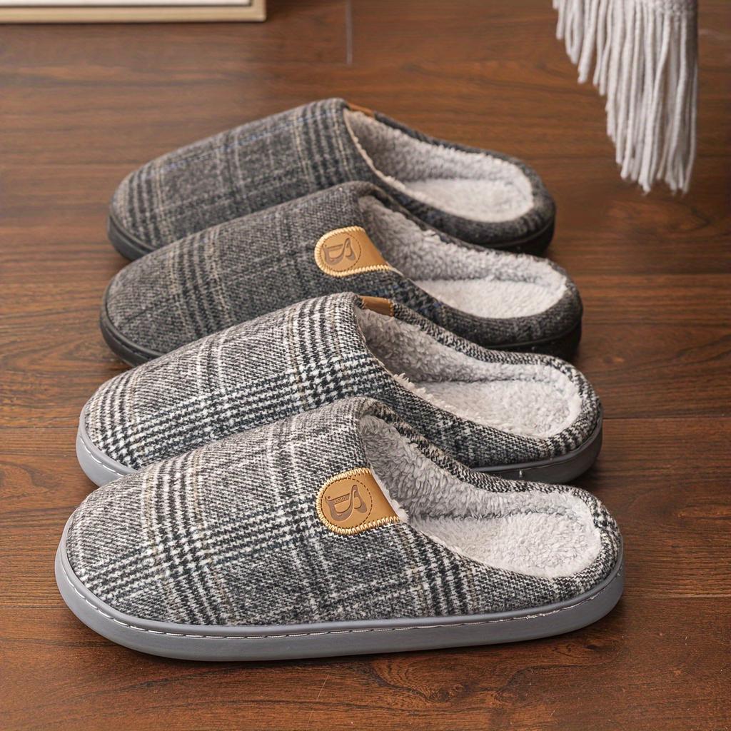 Fleece Vintage Plaid Warm Soft Mens Womens Slippers Minimalist Solid Color With Alphabet Pattern Round Toe Slipon Shoes For Fall Springwinter
