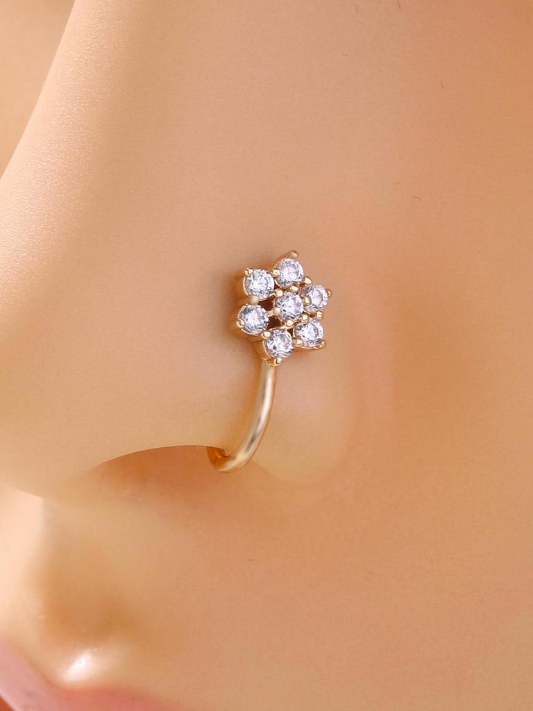 European & American U-Shaped Zircon Flower Nose Stud - Simple, Geometric, Non-Piercing Copper Jewelry