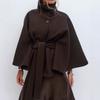 Women's European & American Autumn/Winter Solid Cloak Trench Coat with Stand-up Collar and Waist Belt