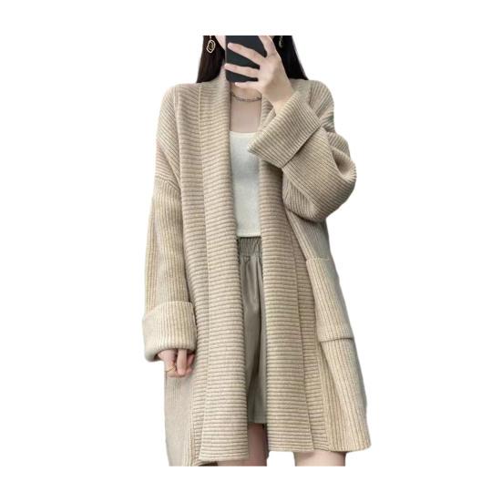 Women Sweater Coat Lapel Long Sleeve Open Front Knitting Cardigan with Large Pockets Solid Color Loose Fit Mid-length Outwear