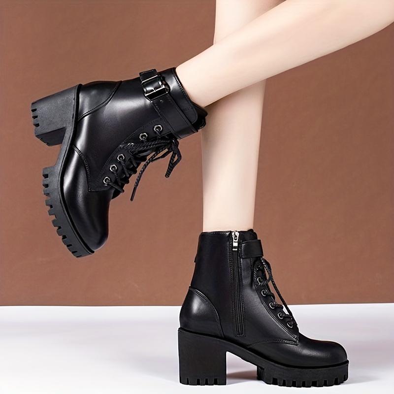 Cizme de damă, solide, cu toc gros, pantofi la modă cu șireturi pentru femei Cizme cu fermoar lateral Cizme elegante cu curele cu cataramă.