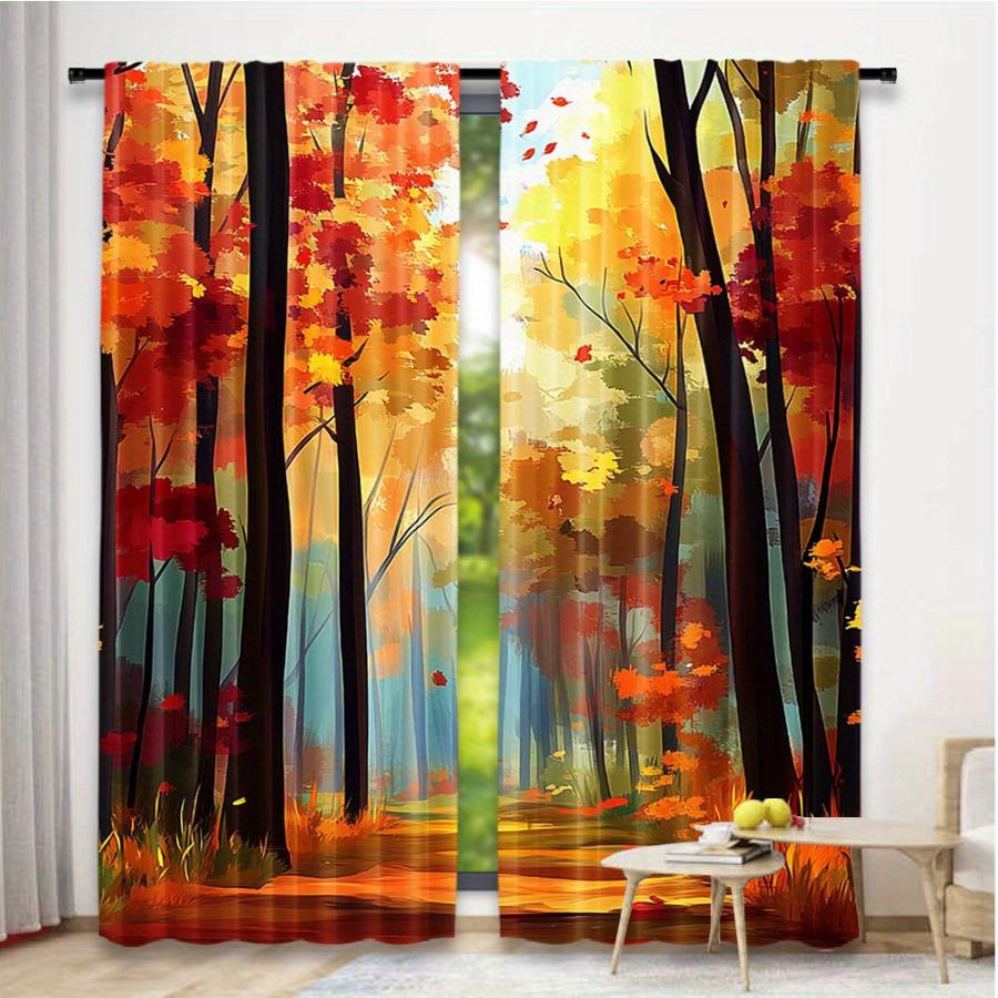 2PCS Digital Print Curtains, Oil Painting Autumn Forest, Art Vintage