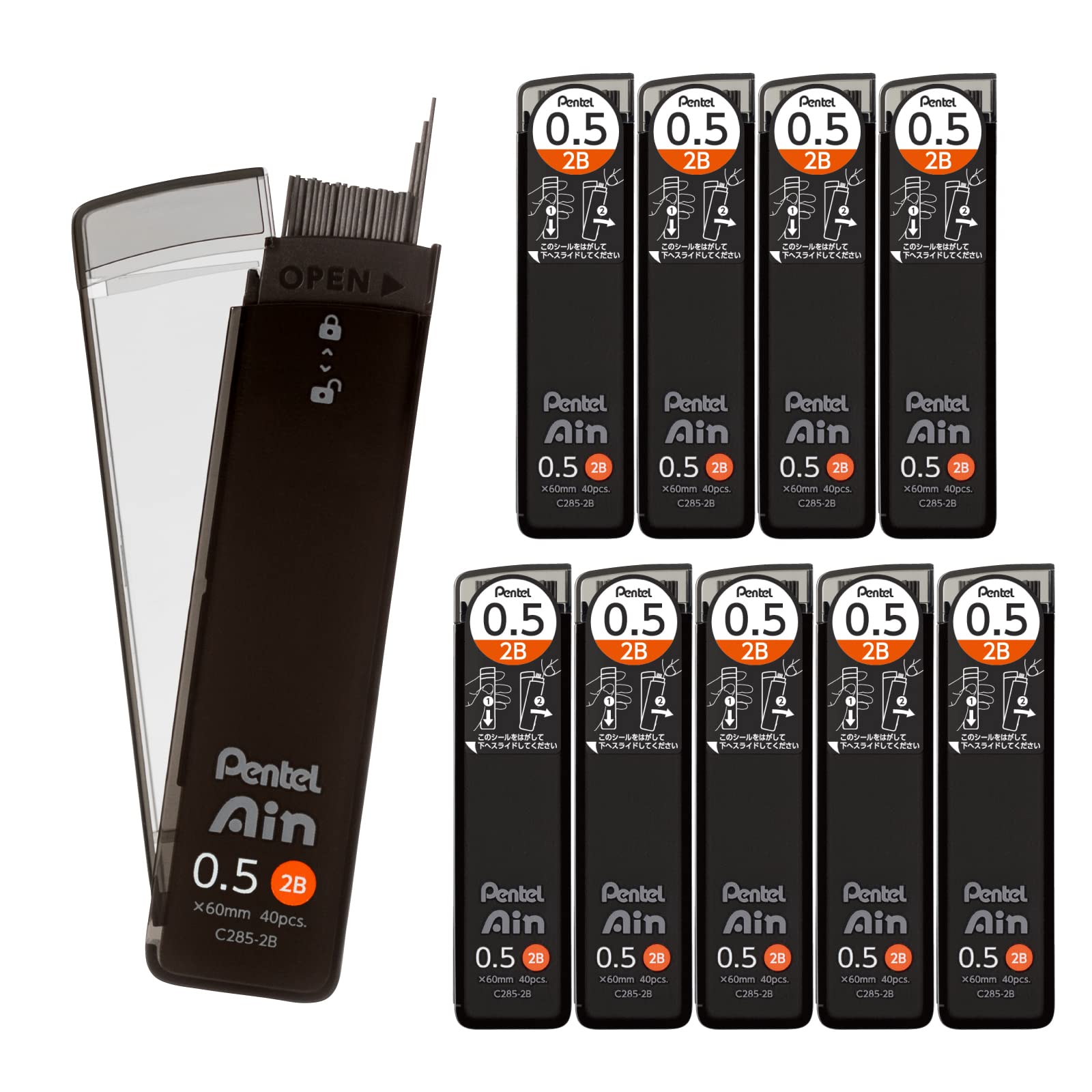 Pentel Ein Mechanical Leads, 0.5mm, 2B, 10-Pack, C285-2B чёрный