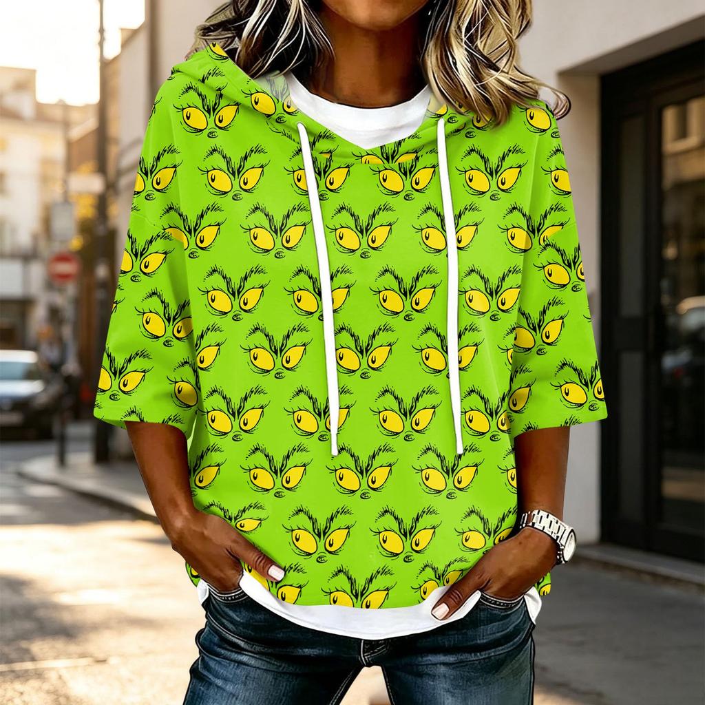 Women's Casual 3/4 Sleeve Christmas Print Hooded T-Shirt Top