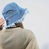 Women Stylish Raw Hem Denim Bucket Hat - Lightweight, Versatile Cotton Fedora with Fringe Trim