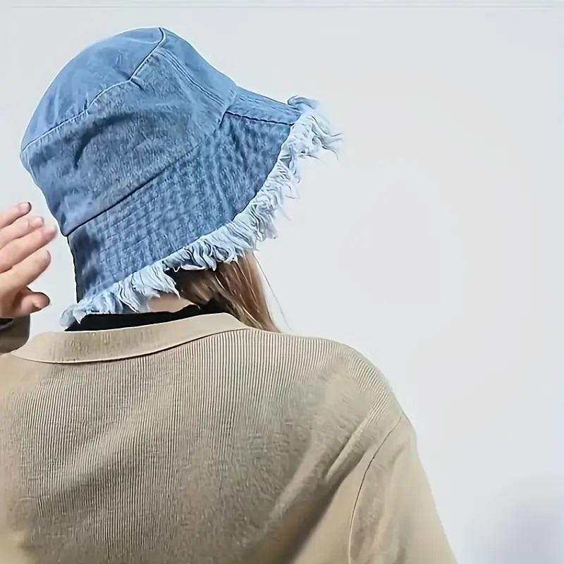 Women Stylish Raw Hem Denim Bucket Hat - Lightweight, Versatile Cotton Fedora with Fringe Trim