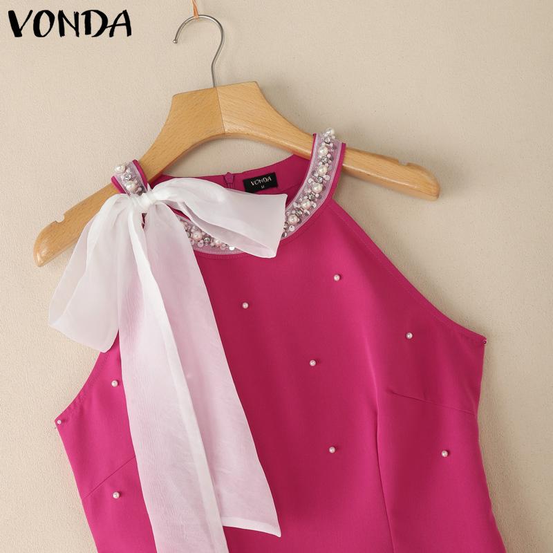 VONDA Women Bow Knot Sleeveless Sequin Beading Slim Waist Casual Mini Dress