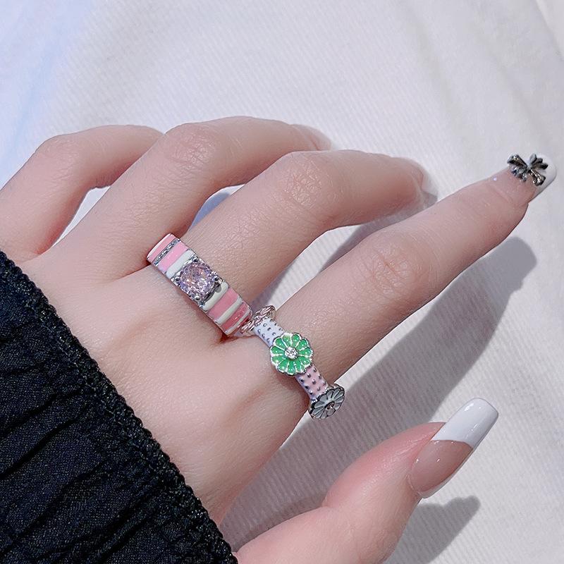 Pink Drop Oil Enamel Flower Opening Ring, High-End Ring, Niche Index Finger Ring Set, Stacked And Worn, Combination Ring Set